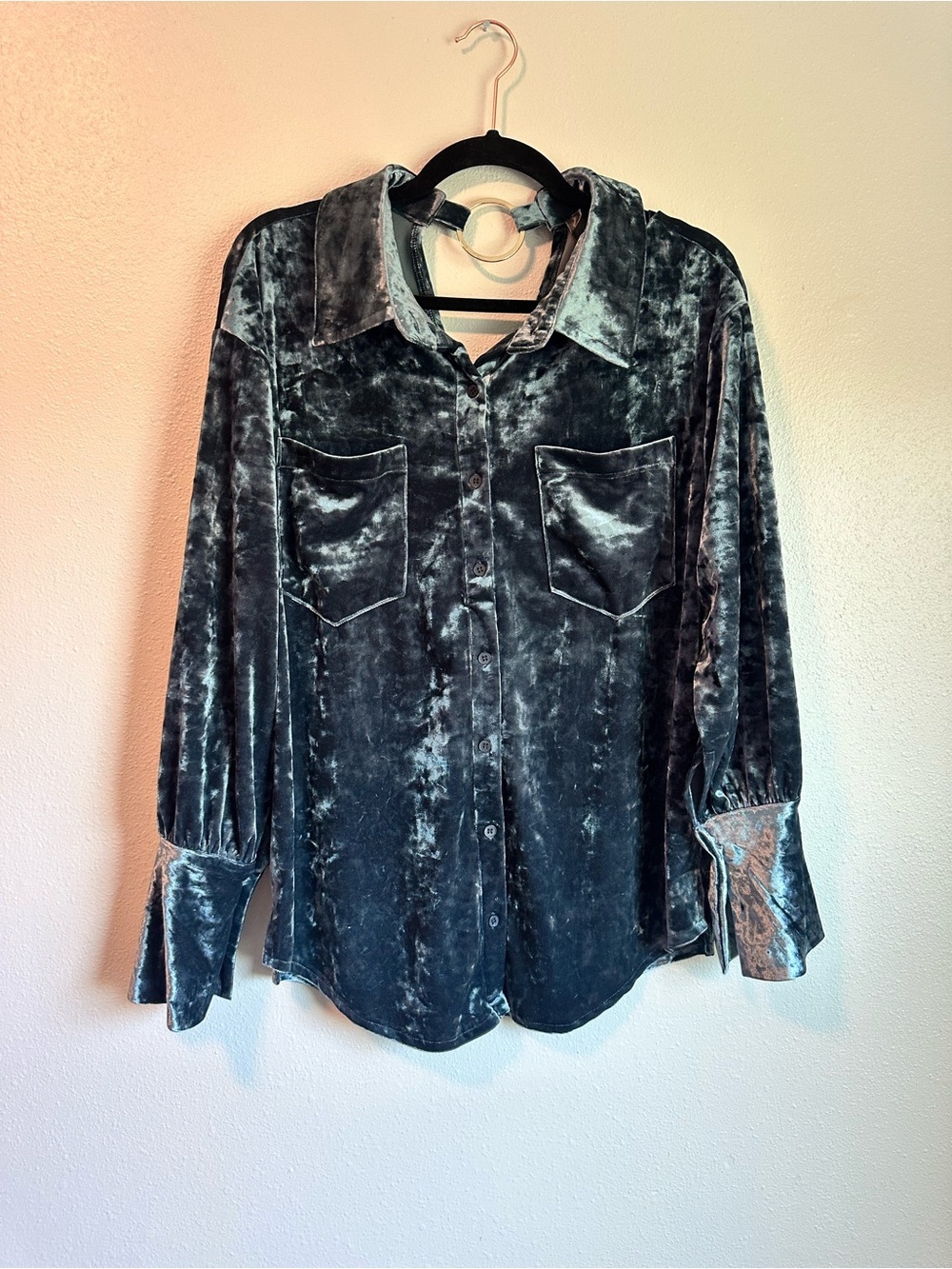 Crushed Velvet Button Down Shirt by JOA Los Angeles Blue Gray Long Sleeve Size S